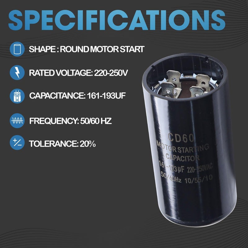 Seentech 161-193 uf/MFD 220-250 VAC ±20% CD60 Round Motor Start Capacitor 50/60 Hz AC Electric Motor Universal Fit for AC Motor Run or Fan Start and Cool or Heat Pump Air Conditioner - Image 5